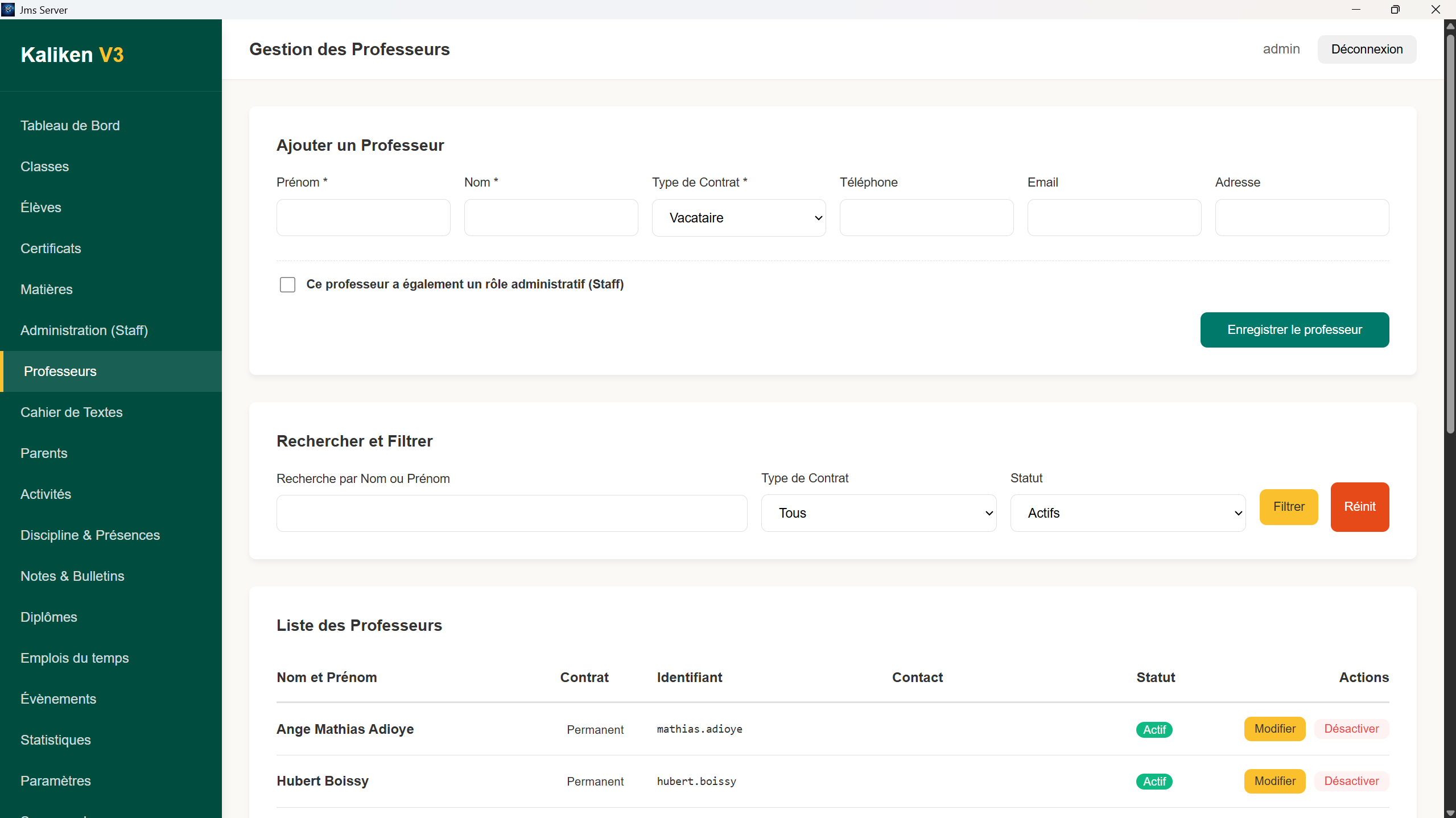 Gestion des professeurs